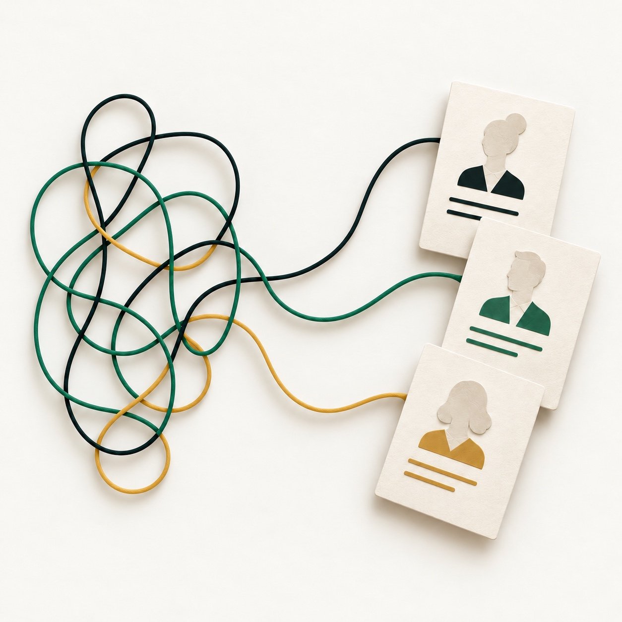 Tangled ink, green, and gold lines resolve into three cream speaker profile cards.
