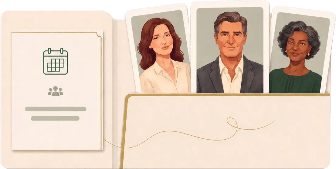 An event brief beside three illustrated speaker profiles in an open folder.