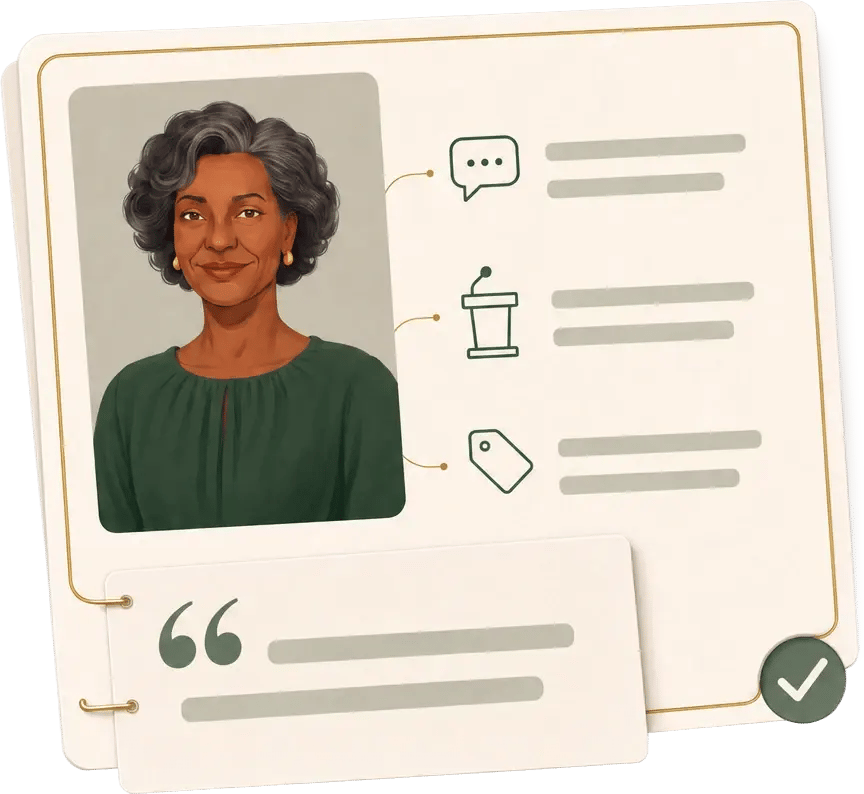 Illustrated speaker profile with topics, formats, fees, and organizer feedback.