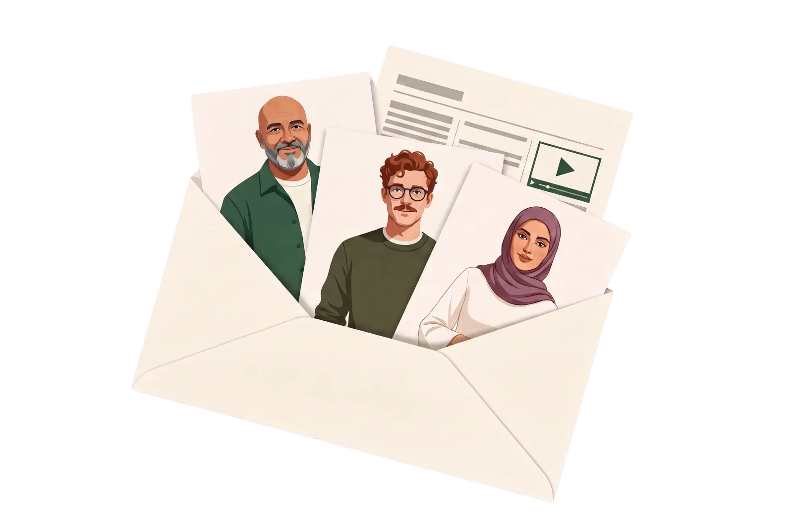 Speaker portraits and a newsletter with a video symbol tucked into a cream envelope.