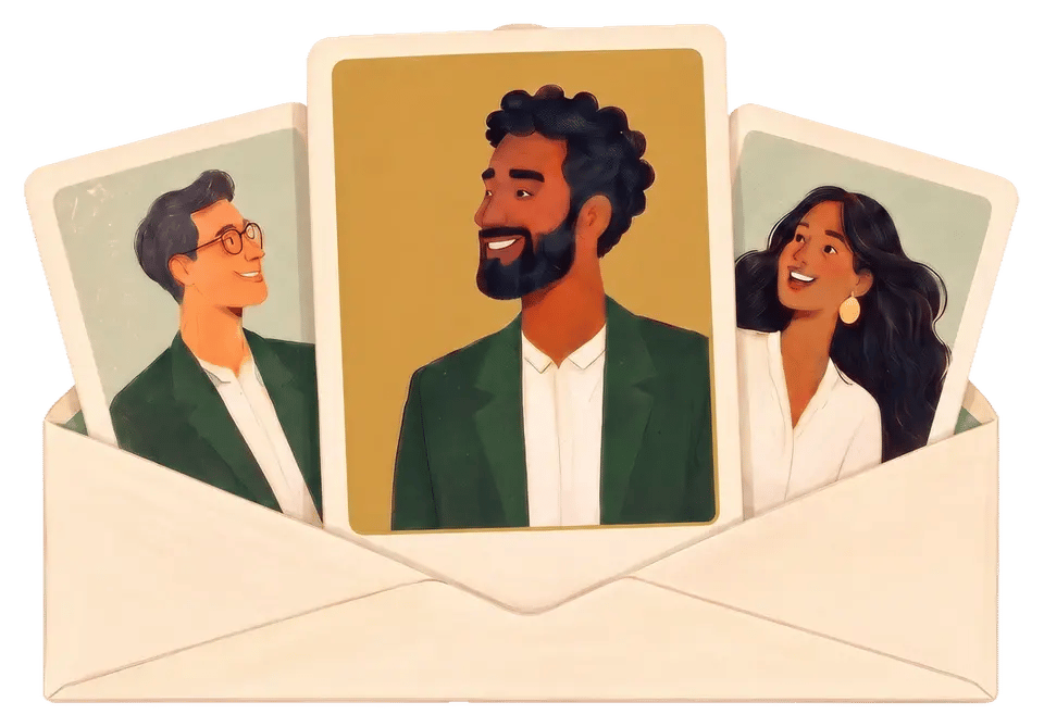 Three speaker profile cards emerging from an envelope.