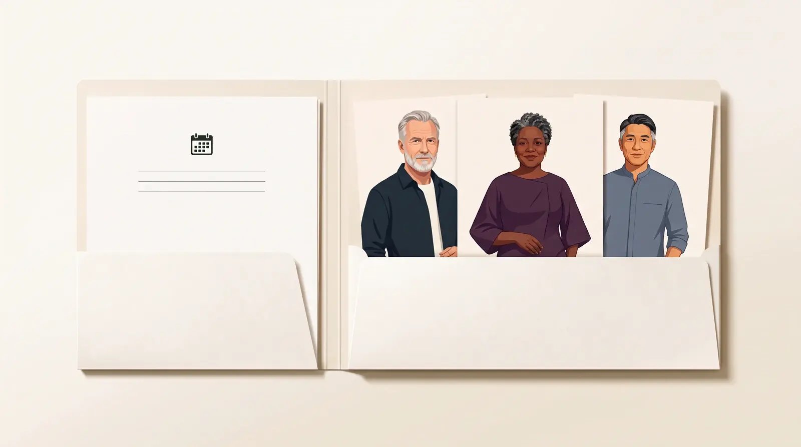 Three illustrated speaker portraits in an event brief folder.